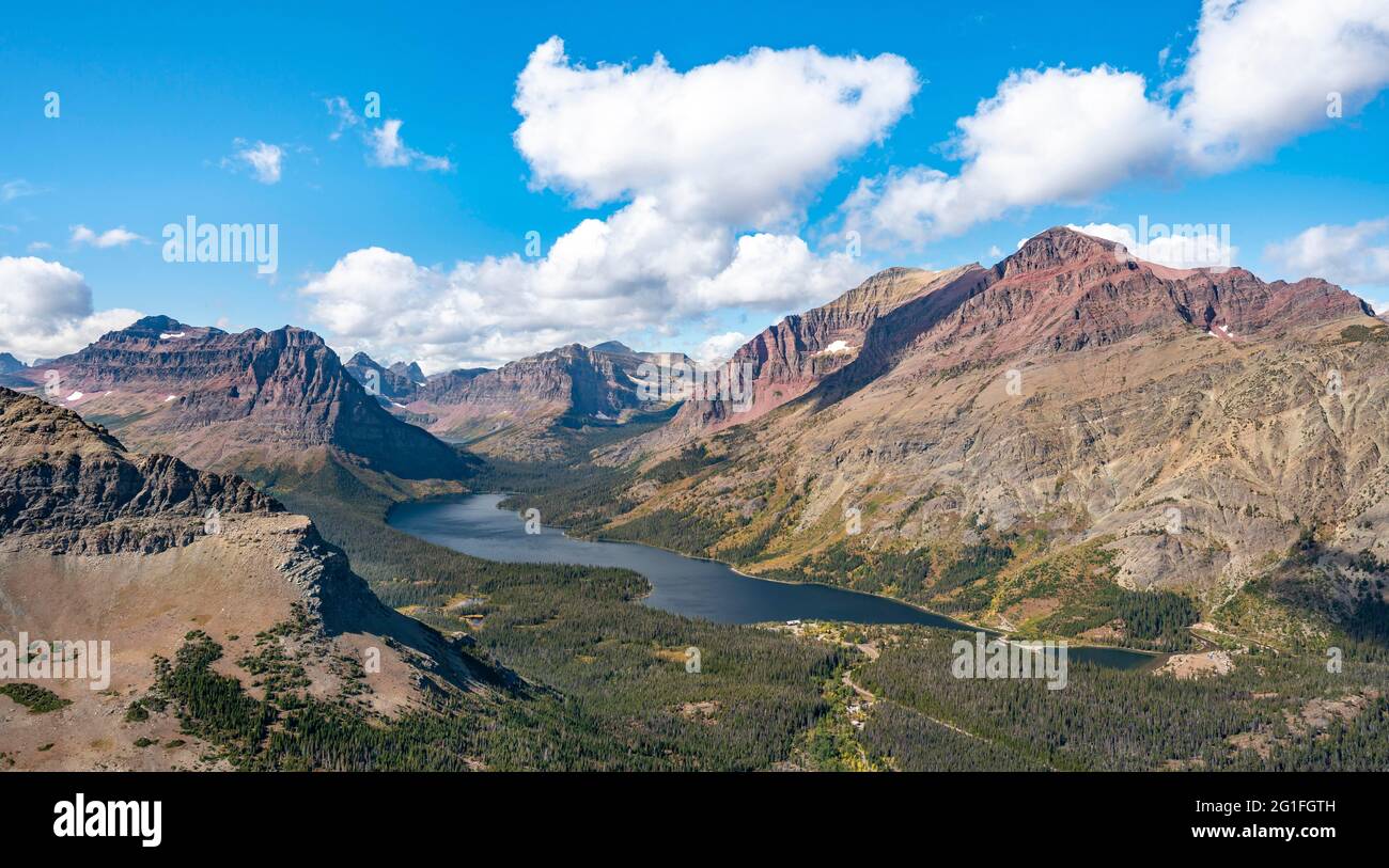 View of Two Medicine Lake, mountain peaks Rising Wolf Mountain and