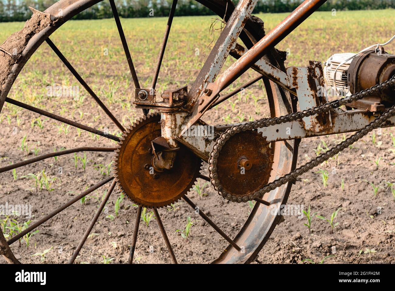Irrigation system wheel close up Stock Photo Alamy