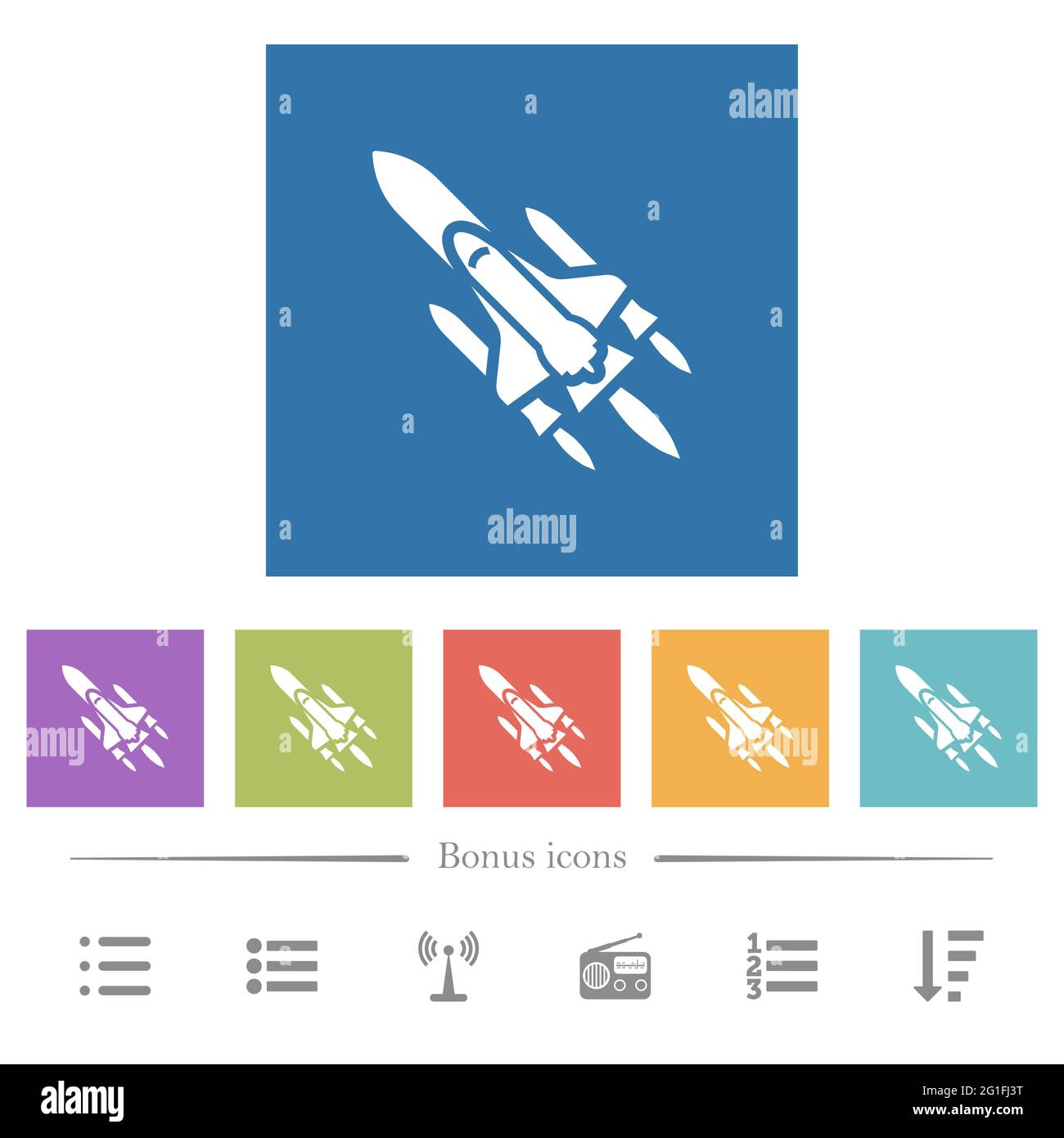 Space shuttle with launchers flat white icons in square backgrounds. 6 ...