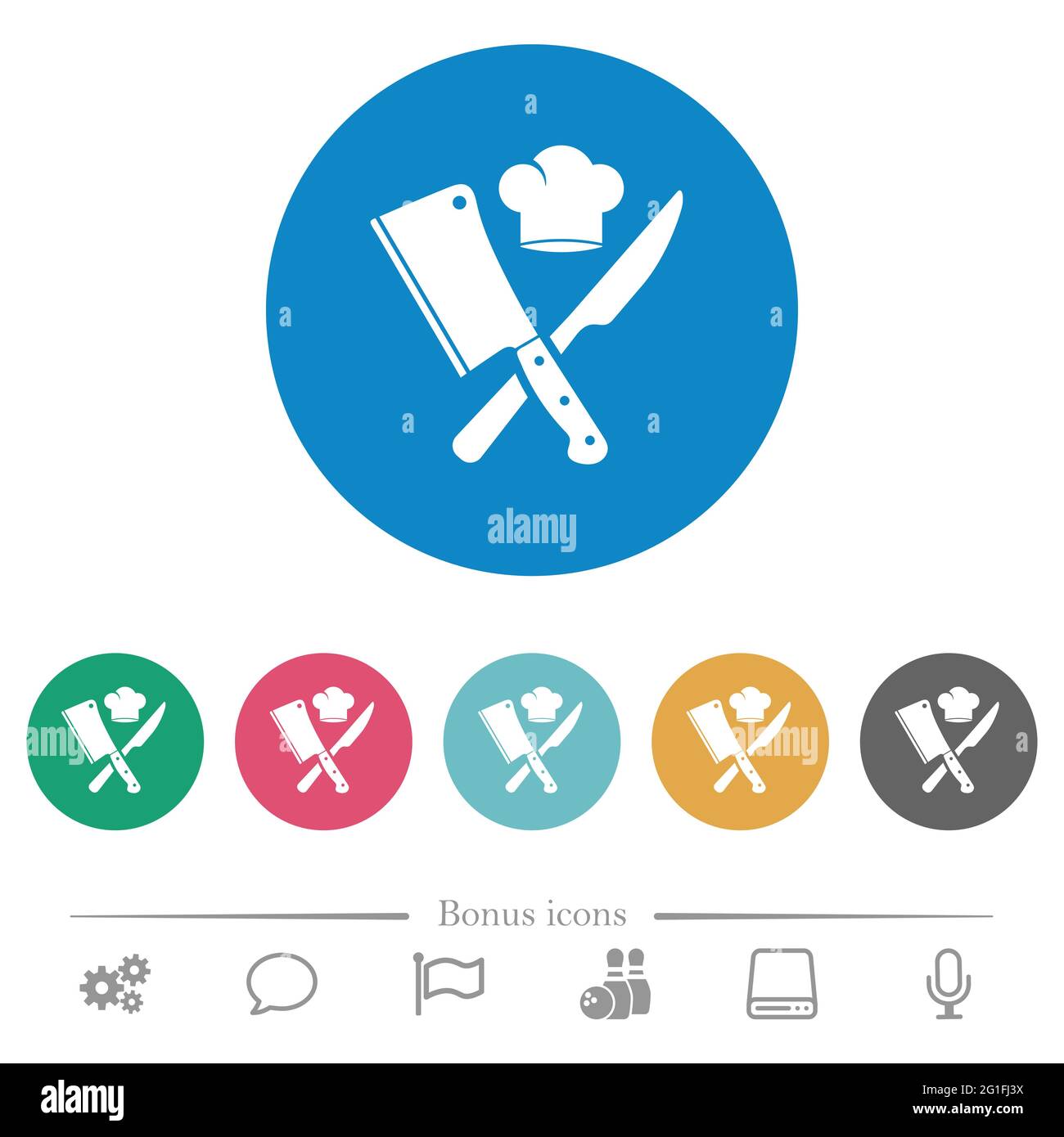 Crossed meat cleaver and knife with chef hat flat white icons on round ...