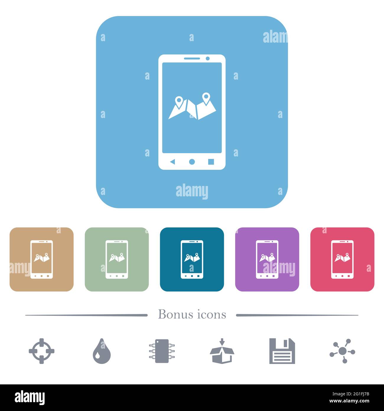 Mobile routing white flat icons on color rounded square backgrounds. 6 ...