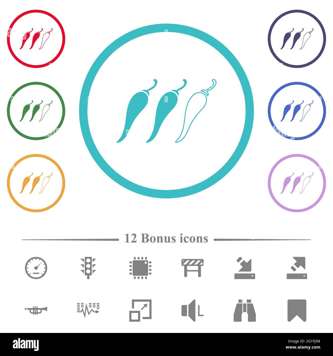 Spicy chili pepper level flat color icons in circle shape outlines. 12 ...