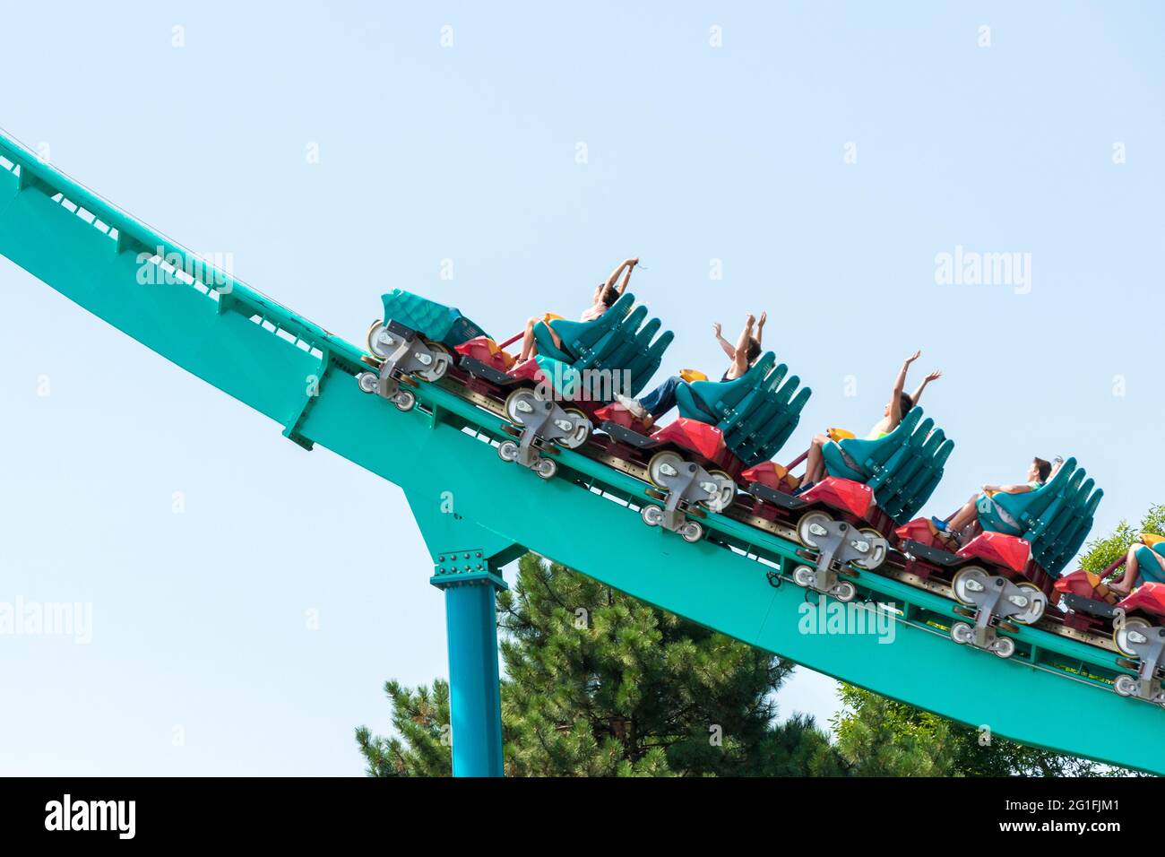 Canada's Wonderland Leviathan Roller Coaster.Roller Coaster in amusement  park. Amusement park rides with a very blue sky as background Stock Photo -  Alamy