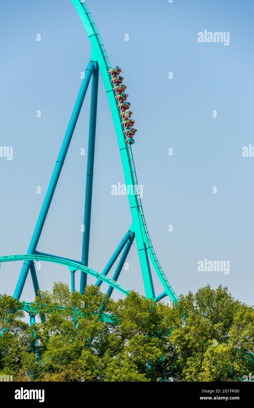 Canada's Wonderland Leviathan Roller Coaster.Roller coaster on a beautiful  sunny day. Roller Coaster with people taking a ride Stock Photo - Alamy