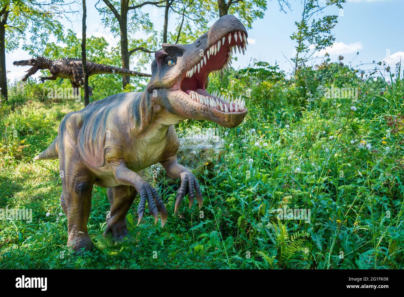 TRex: Dinosaurs alive, an exhibition in Canada's Wonderland. Giant extinct carnivorous dinosaur display in amusement park Stock Photo