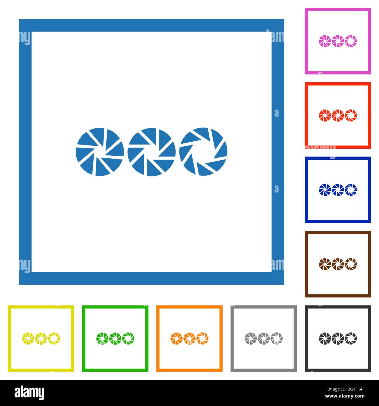 Set aperture size flat color icons in square frames on white background ...