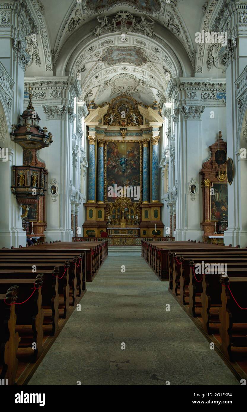 Choir room and nave, Jesuit Church, Solothurn, Switzerland Stock Photo