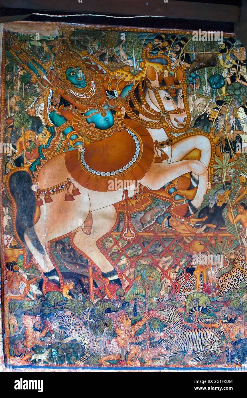 18th century mural paintings depict Sastha astride a horse at Pundareekapuram temple is dedicated to lord vishnu atop hill Midayikunnam near Stock Photo