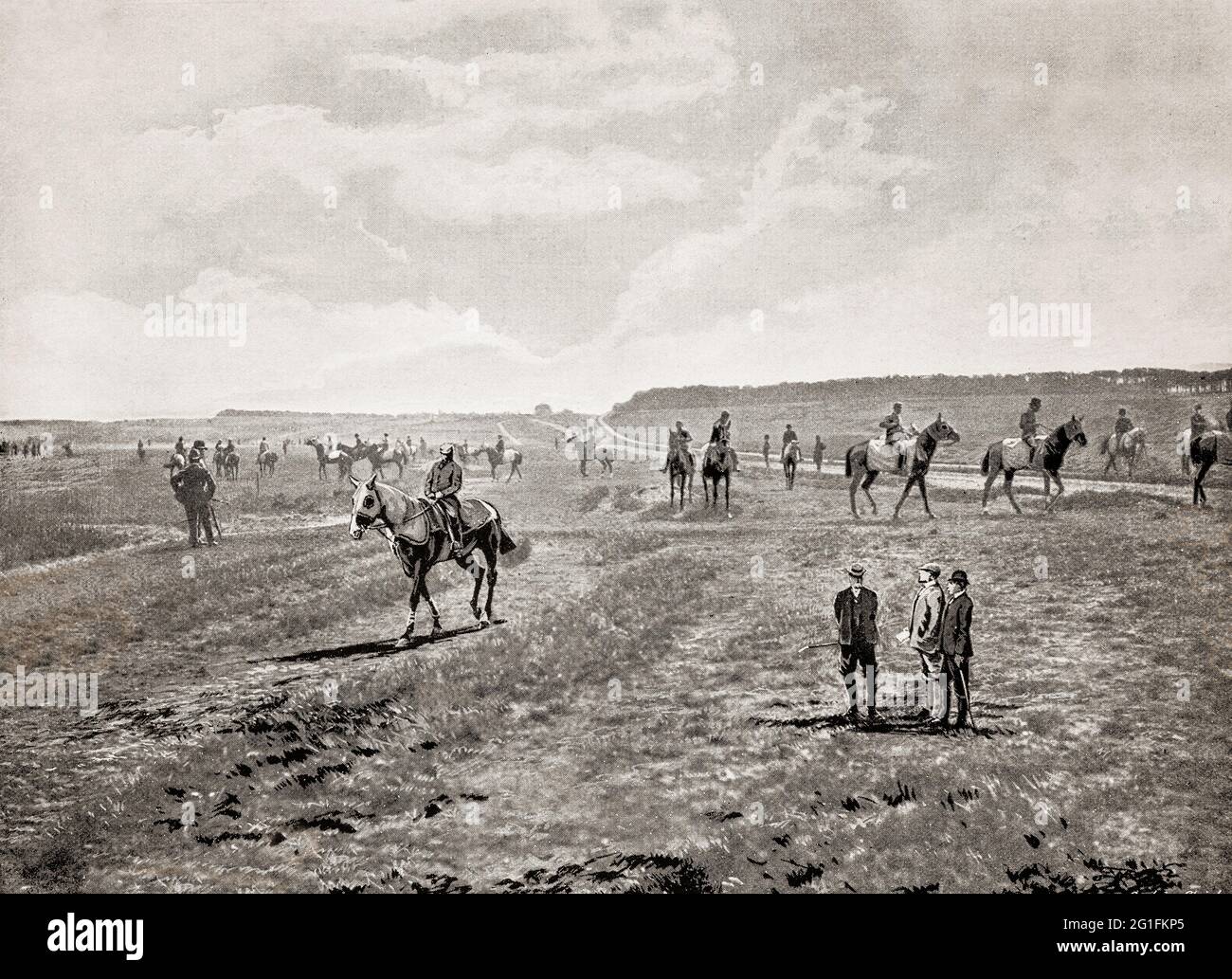 A late 19th century view of thoroughbred horses training on Bury Heath near Newmarket, a market town in Suffolk, England.  It is generally considered the global centre and birthplace of thoroughbred horse racing, dating as far back as 1174, making it the earliest known racing venue of post-classical times. King James I (reigned 1603–1625) greatly increased the popularity of horse racing there, and King Charles I followed this by inaugurating the first cup race in 1634. The Jockey Club's clubhouse is in Newmarket, though its administration is based in London. Stock Photo