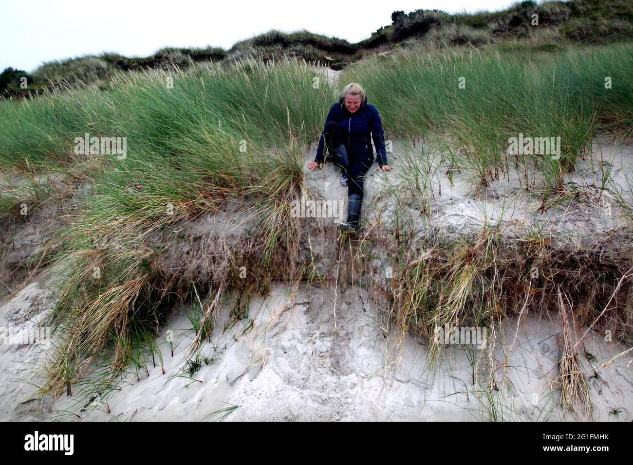 Camusdarach Beach, Beach, Marram Grass, Woman, Arisaig, Mallaig, West coast, Highlands, Highland, Scotland, United Kingdom Stock Photo
