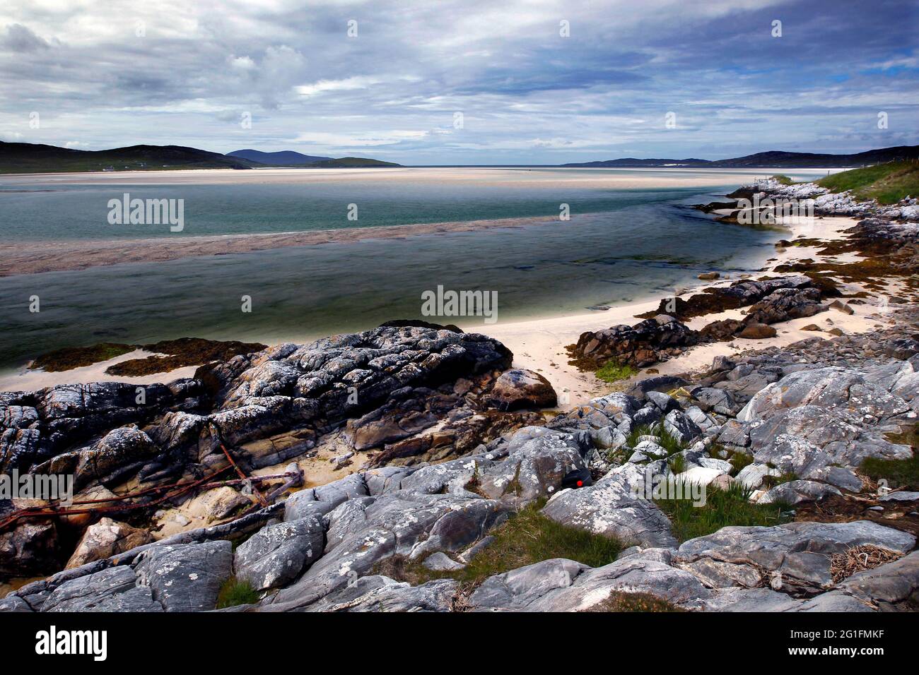 Luskentyre Beach, Rocks, North Atlantic, Isle of Harris, Outer Hebrides, Western Isles, Hebrides, Scotland, United Kingdom Stock Photo