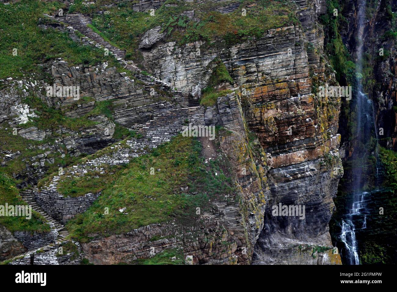 Cliff, Rocky coast, Stairs, Waterfall, Coast, Whaligoe Steps, Wick, North east coast, Highlands, Highland, Scotland, Great Britain Stock Photo