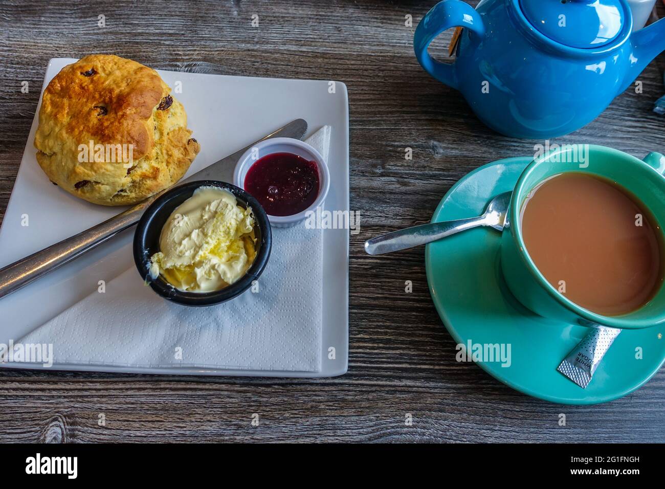 Traditional Cornish Cream Tea with clotted cream and jam Stock Photo