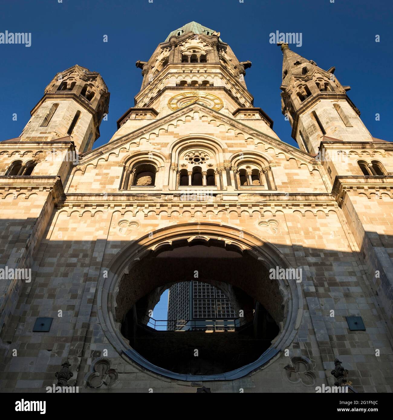 Kaiser-Wilhelm-Memorial-Church, strong underview of the old tower, Berlin, Germany Stock Photo