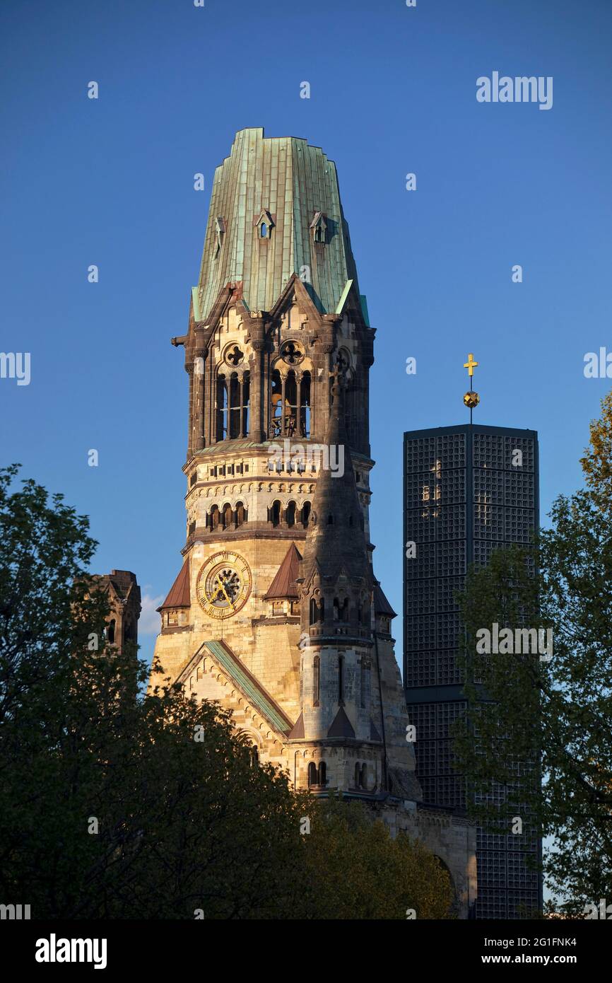 Kaiser-Wilhelm-Memorial-Church, partial view with the old tower ruin and the new steeple, Berlin, Germany Stock Photo