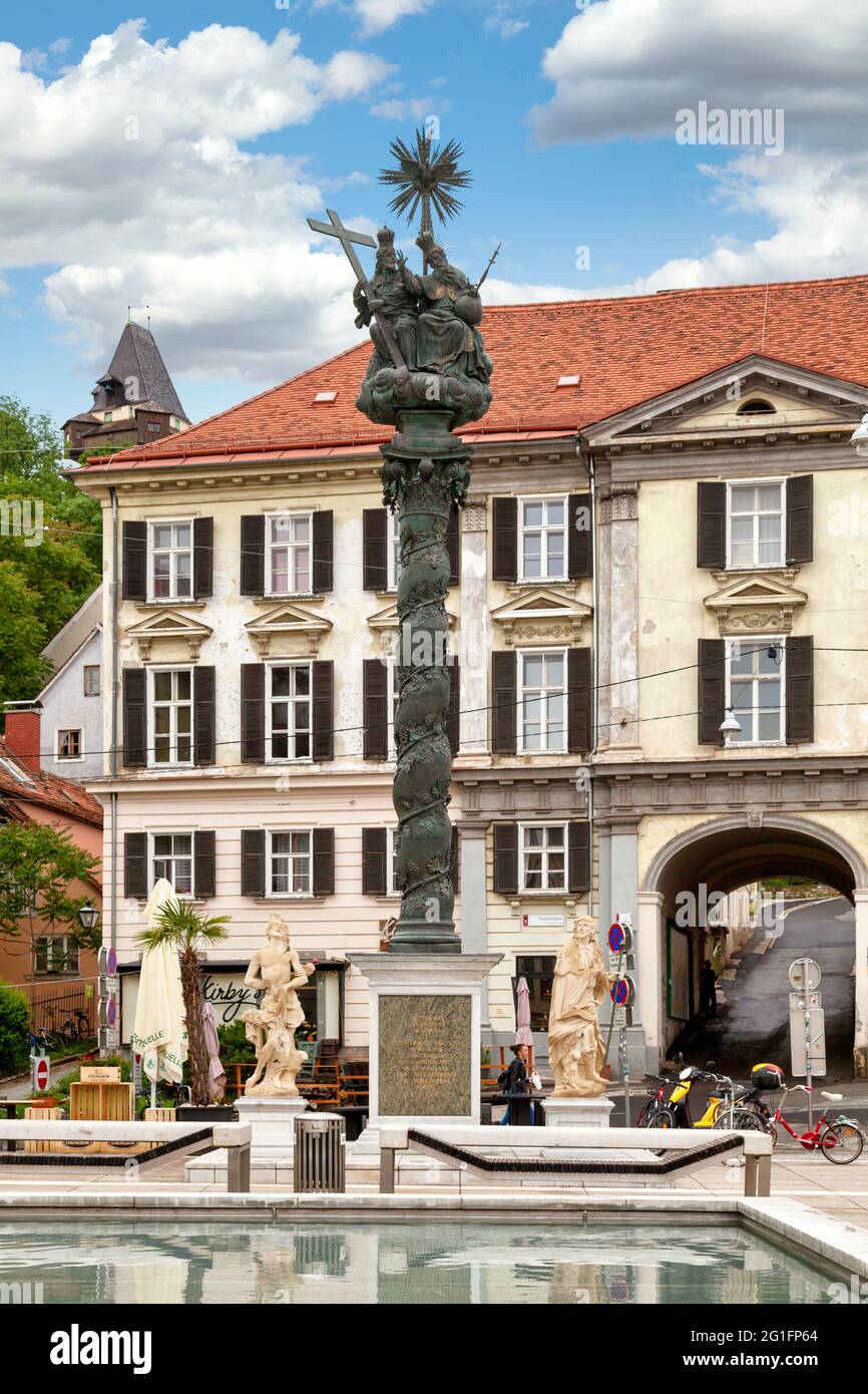 Graz, Austria - May 28 2019: Trinity Plague Column (German: Dreifaltigkeits-Pestsäule) on Carmelite square (German: Karmeliterplatz). Stock Photo