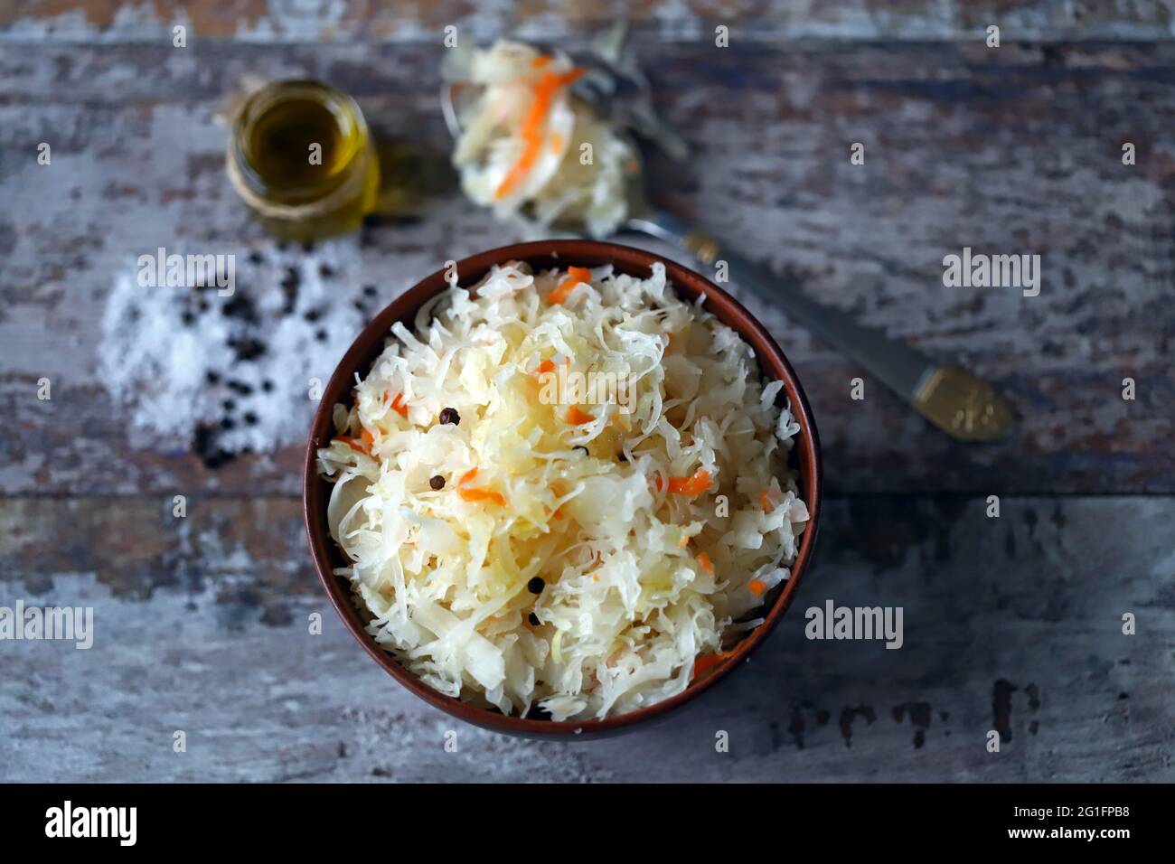 Sauerkraut in a bowl. Probiotics and fermented foods. Stock Photo