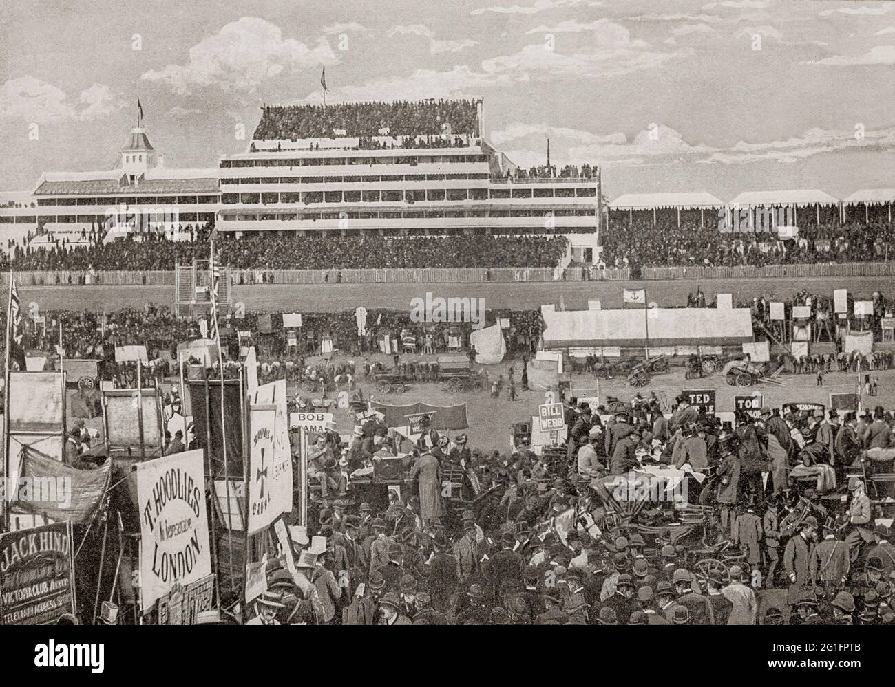 A late 19th century view of Derby Day at Epsom racecourse on Epsom Downs an area of chalk upland near Epsom in Surrey, England.  The Derby Stakes, also known as the Epsom Derby or the Derby is a flat horse race open to three-year-old colts and fillies. Ran at the racecourse on the first Saturday of June each year, over a distance of one mile, four furlongs and 6 yards (2,420 metres), it was first run in 1780. Stock Photo