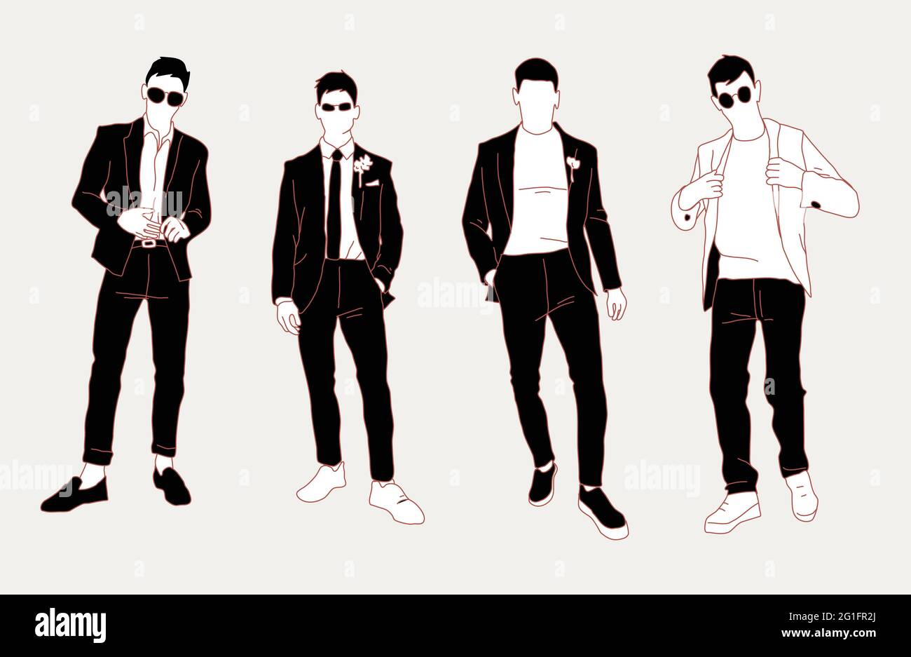 Four men of neutral race posing in black and white monochrome fashionable stylish office casual wear sunglasses in suits shoes standing vector Stock Vector