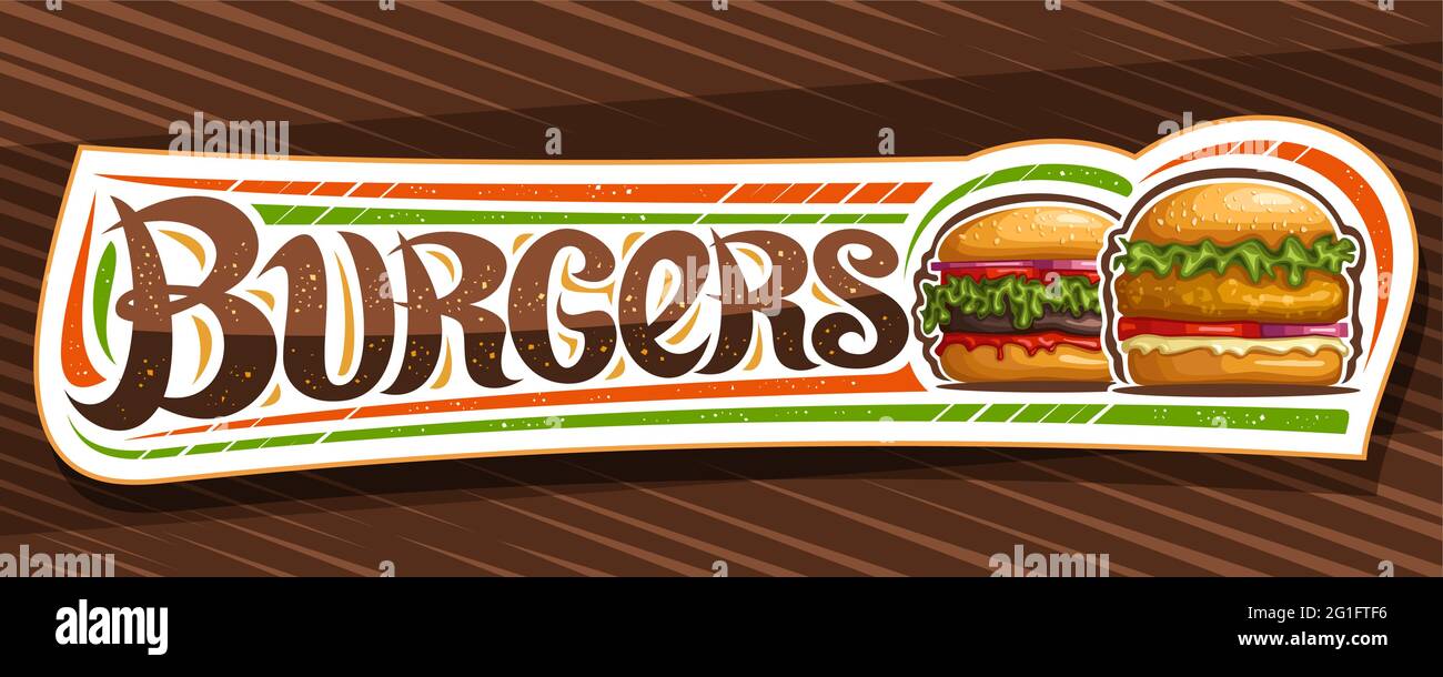 Vector banner for Burgers, white horizontal sign board with illustration of hamburgers with grilled steak and vegetables in sesame bun, decorative cou Stock Vector