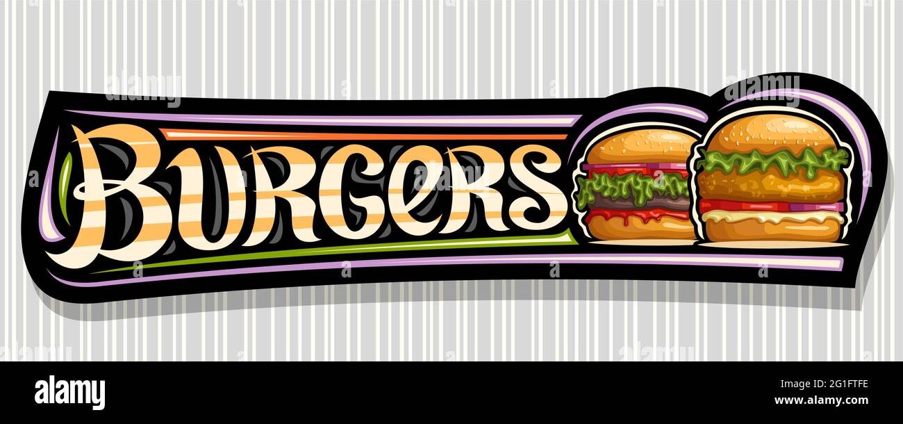 Vector banner for Burgers, black horizontal sign board with illustration of hamburgers with grilled steak and vegetables in sesame bun, decorative vou Stock Vector