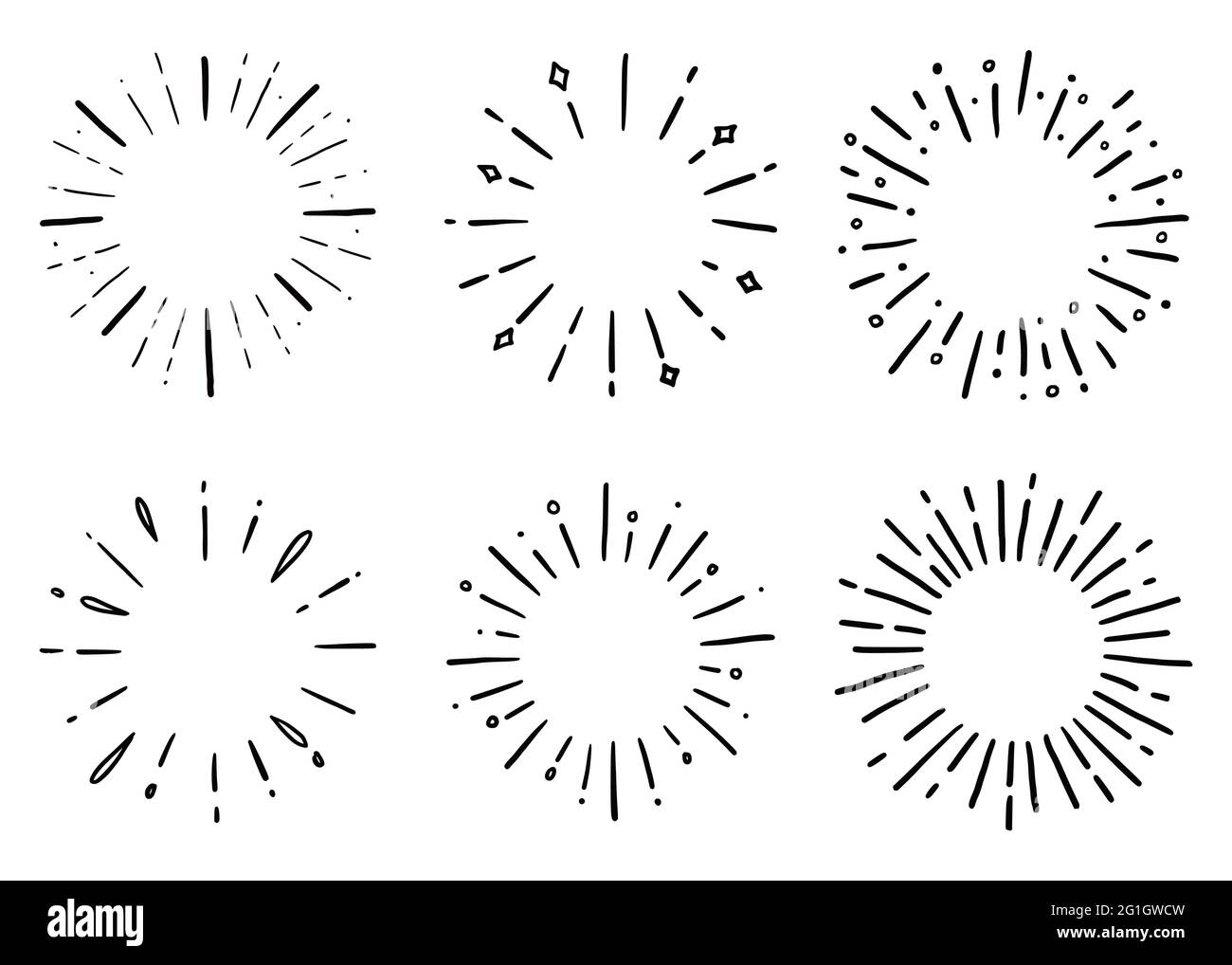 Hand drawn set of sunburst shine ray and sparkle. Doodle sketch style