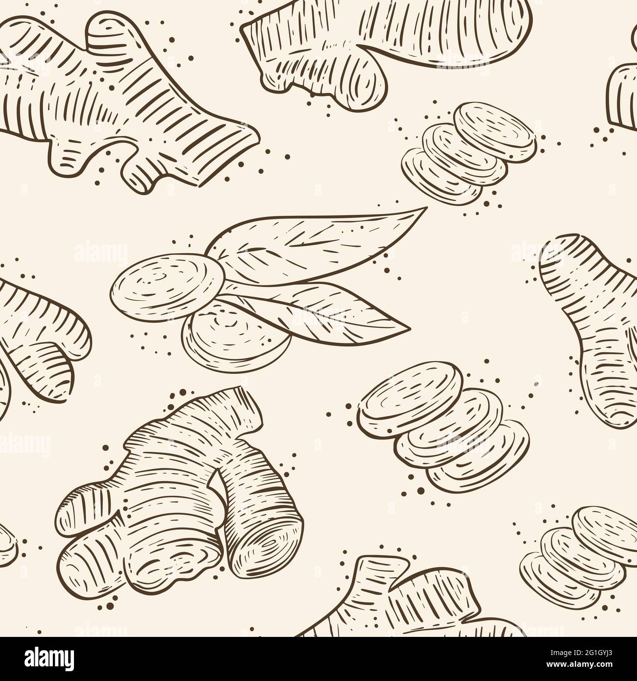 Ginger seamless pattern, vector. Spice ginger root whole and piece, a