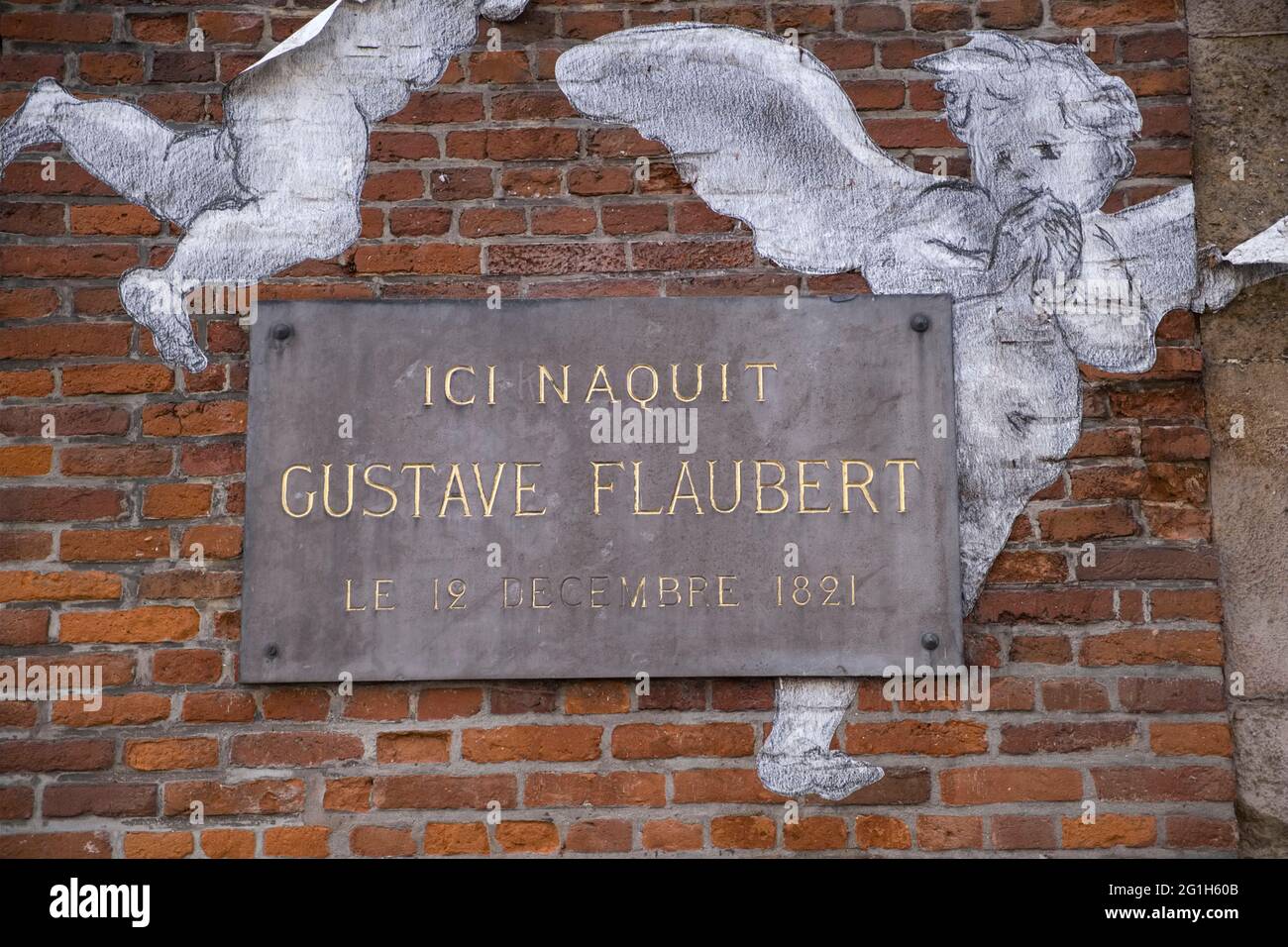 Rouen (Normandy, northern France): entrance to the Flaubert Museum and Medical History Museum with a collage by artist Gaspard Lieb Stock Photo