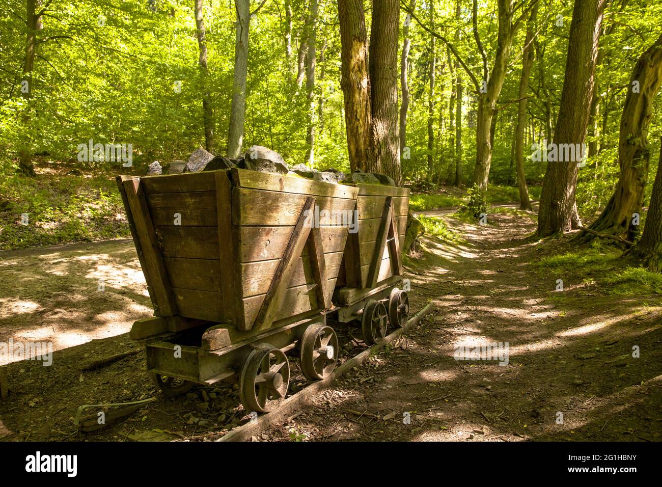 lore of the former horse-drawn railroad on the mining trail in the Muttental valley near Witten-Bommern, Witten, North Rhine-Westphalia, Germany.  Lor Stock Photo