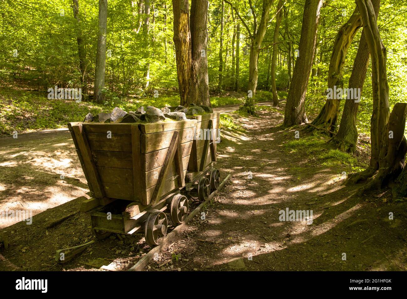 lore of the former horse-drawn railroad on the mining trail in the Muttental valley near Witten-Bommern, Witten, North Rhine-Westphalia, Germany.  Lor Stock Photo