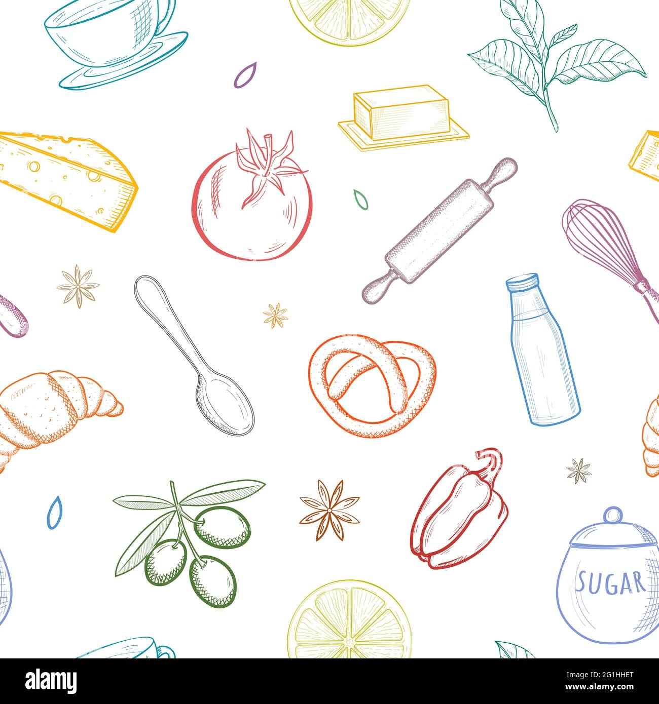 Seamless pattern with kitchen hand drawn sketch utensils. For wallpaper, pattern fills, textile, web page background, surface textures. Colorful Vecto Stock Vector