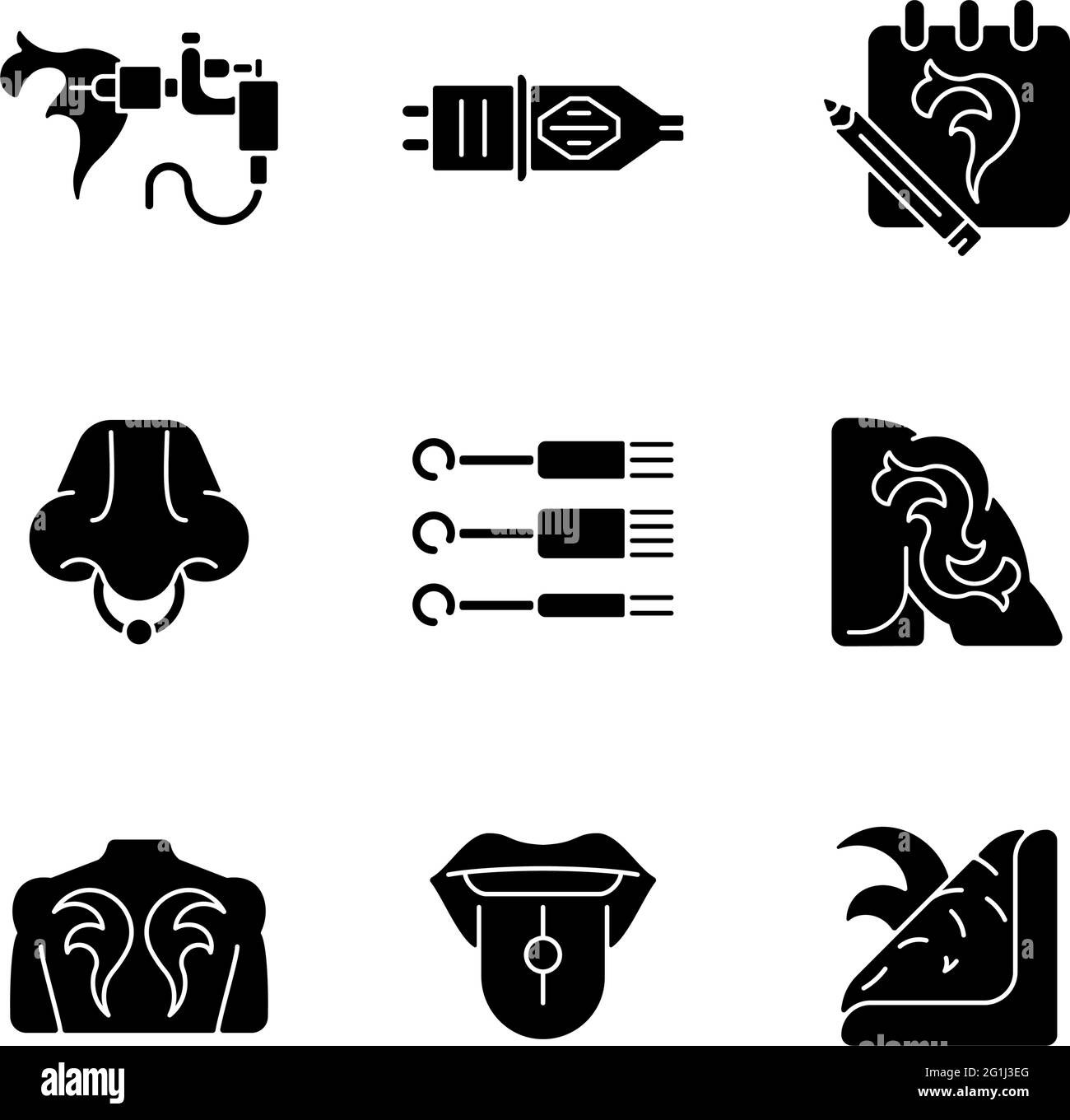 Tattoo and piercing instruments black glyph icons set on white space ...