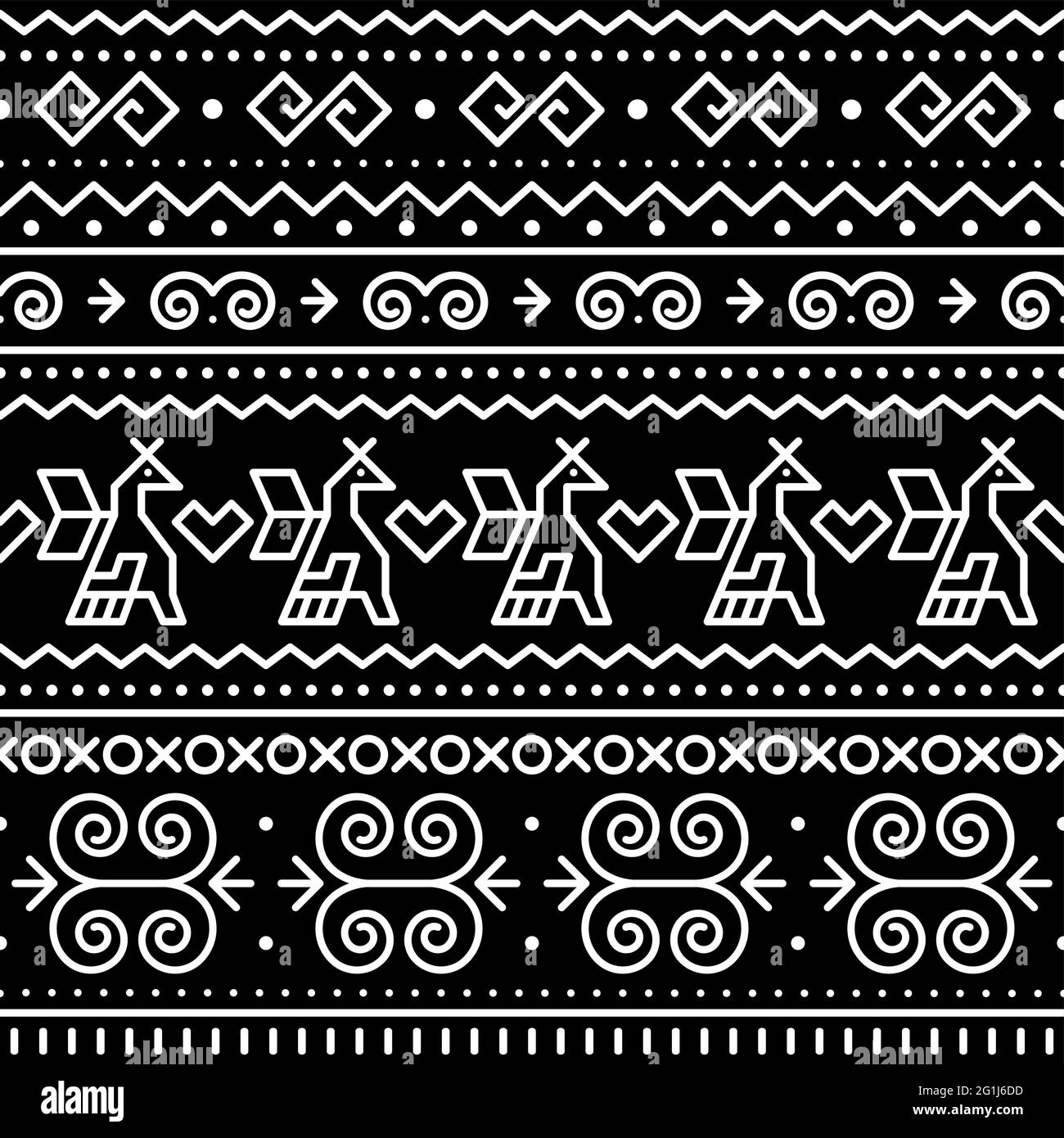 Slovak tribal folk art vector seamless geometric pattern with brids and swirls motif inspired by traditional painted art from village Cicmany in Zilin Stock Vector