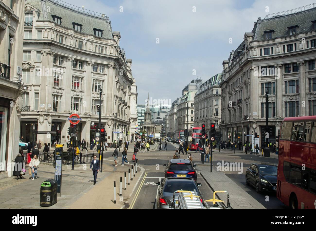 London, UK - April 21, 2021: Slightly elevated view of Oxford Circuis with Upper Regent Street straight ahead and the landmark church  All Soul's, Lan Stock Photo