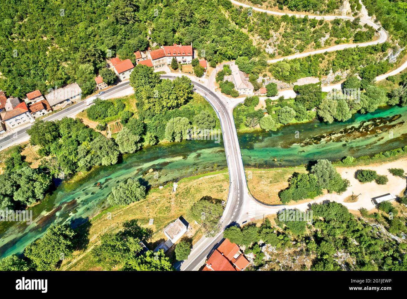 Aerial view of green Krka river bridge in town of Knin, Dalmatia hinterland, Croatia Stock Photo