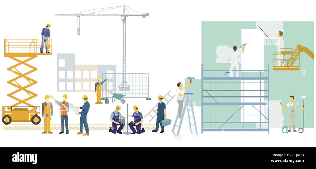 Craftsman and construction worker on the construction site, illustration Stock Vector