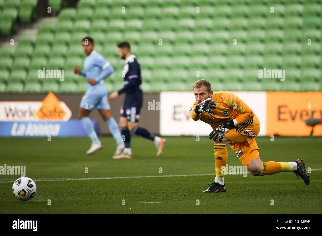Melbourne, Australia, 6 June, 2021. Matt Acton of Melbourne Victory throws the ball during Round 24 of the Melbourne Victory v Melbourne City FC A-League match, Australia. Credit: Dave Hewison/Alamy Live News Stock Photo