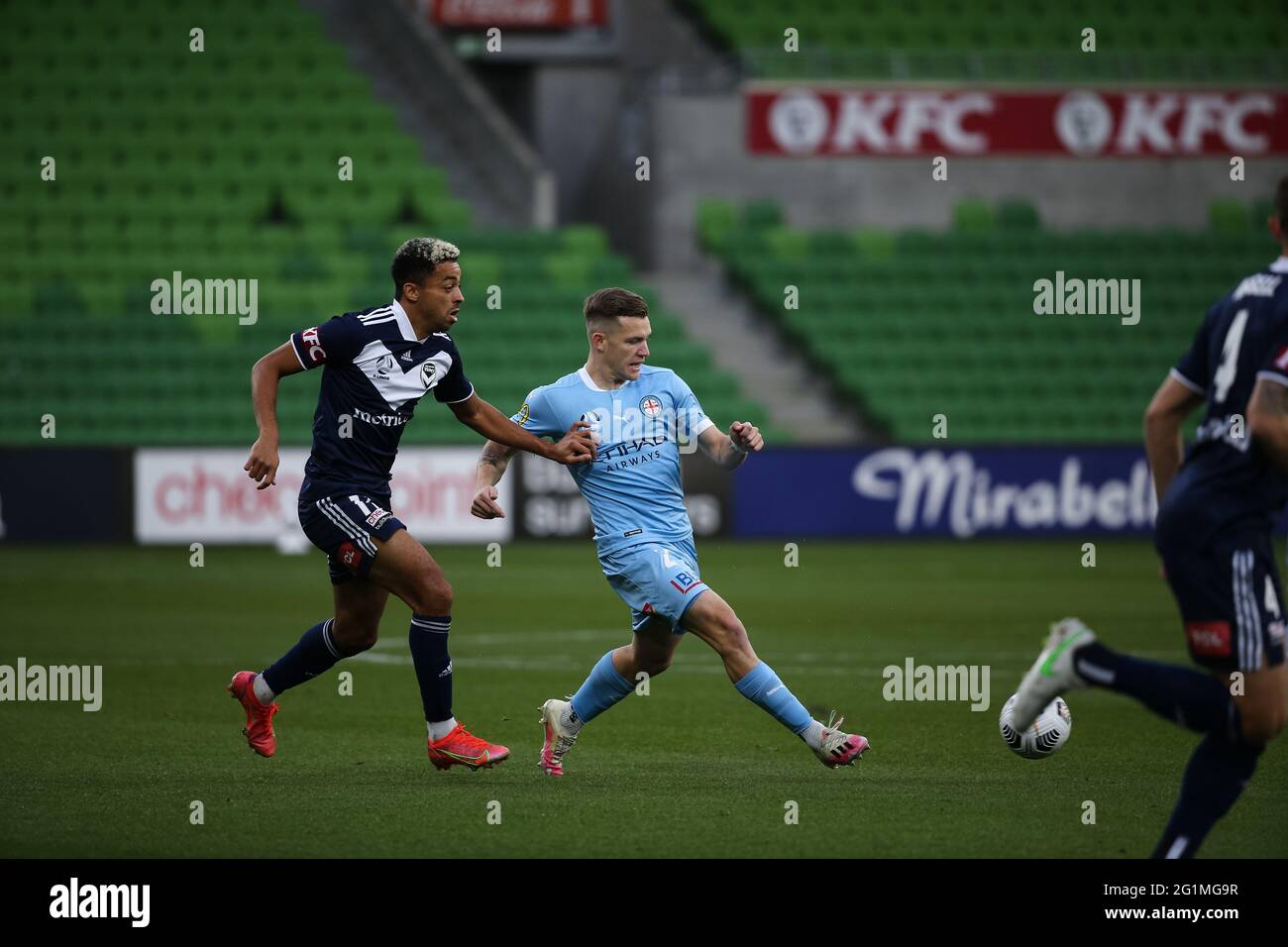 Melbourne, Australia, 6 June, 2021. Scott Galloway of Melbourne City kicks the ball during Round 24 of the Melbourne Victory v Melbourne City FC A-League match, Australia. Credit: Dave Hewison/Alamy Live News Stock Photo