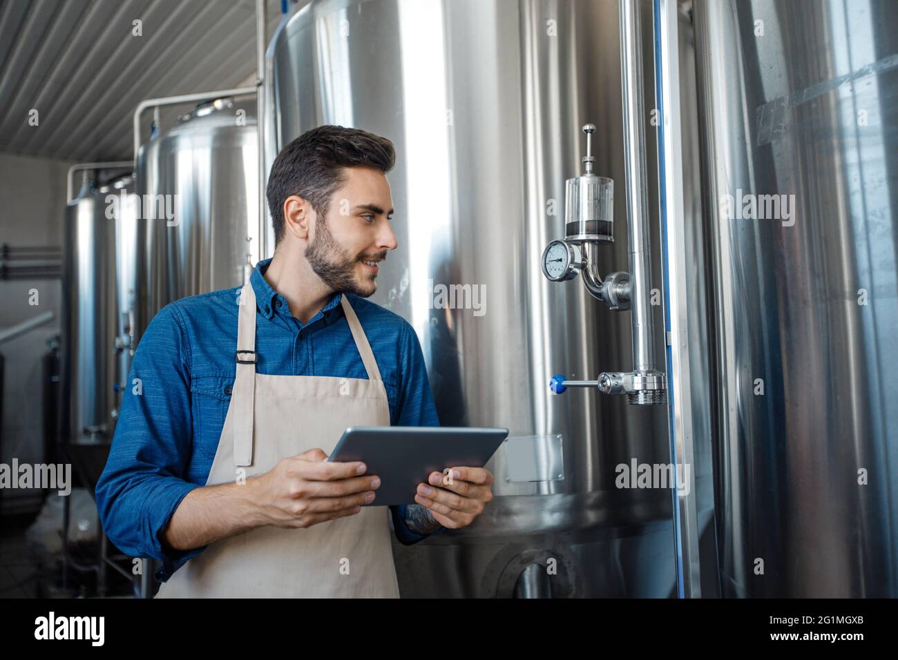 Brewery, modern business and craft beverage production management with device Stock Photo