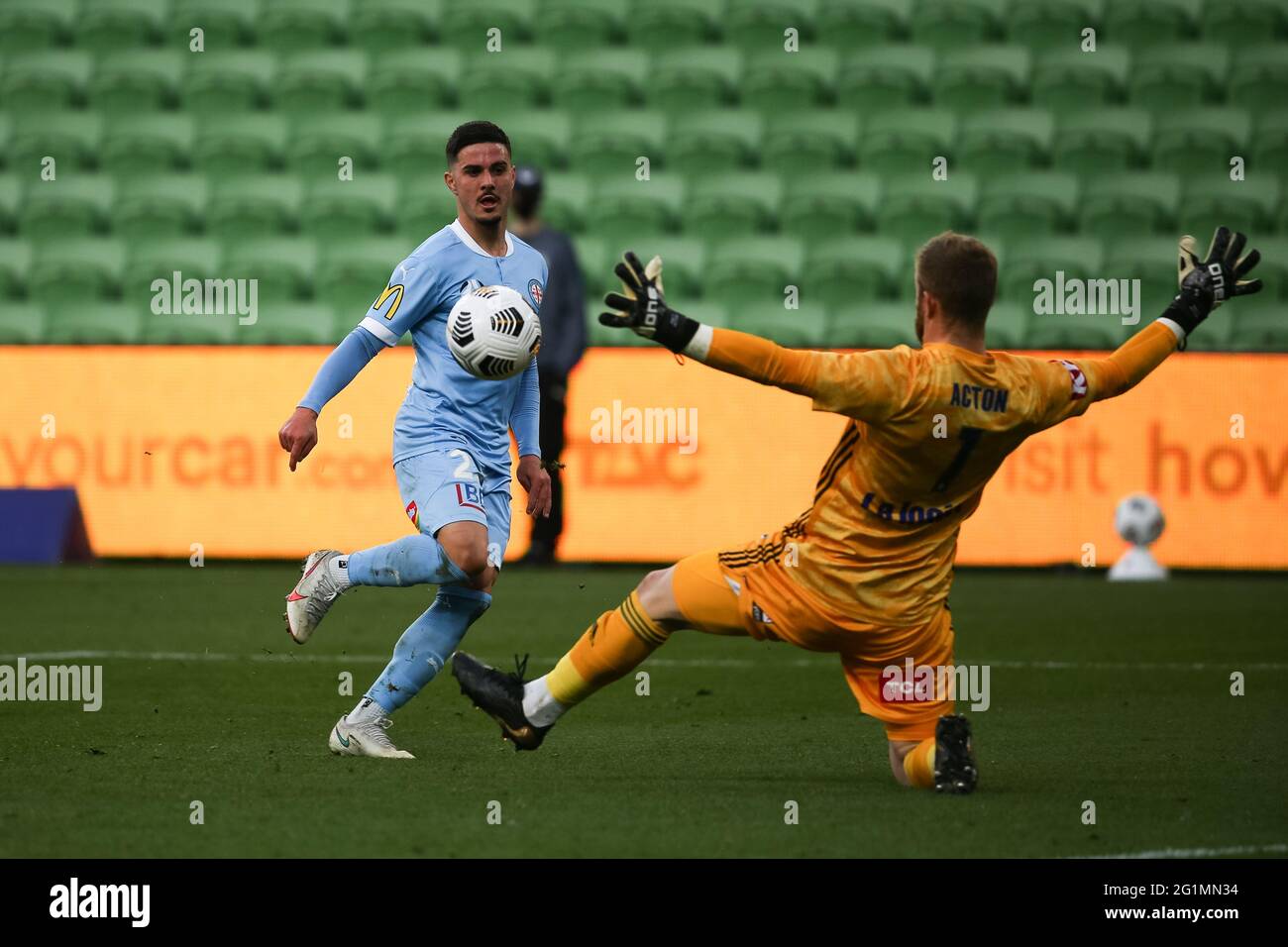 Melbourne, Australia, 6 June, 2021. Matt Acton of Melbourne Victory blocks the ball during Round 24 of the Melbourne Victory v Melbourne City FC A-League match, Australia. Credit: Dave Hewison/Alamy Live News Stock Photo