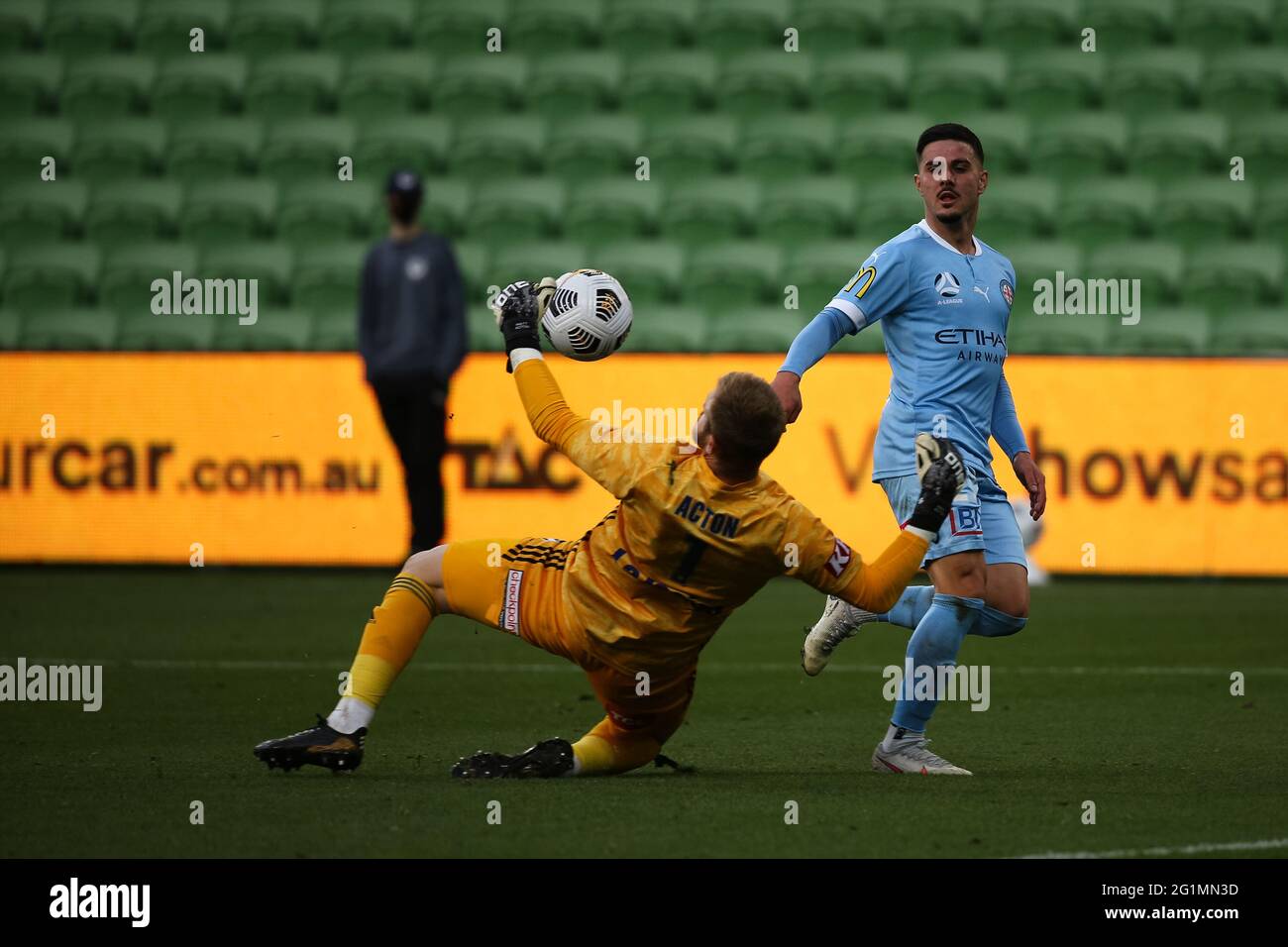 Melbourne, Australia, 6 June, 2021. Matt Acton of Melbourne Victory blocks the ball during Round 24 of the Melbourne Victory v Melbourne City FC A-League match, Australia. Credit: Dave Hewison/Alamy Live News Stock Photo