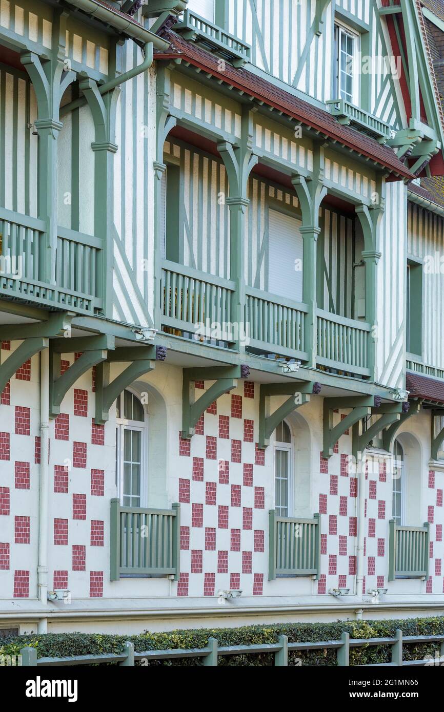 France, Calvados, Cote Fleurie, Pays d'Auge, Deauville, facade of the luxury hotel Normandy Barriere in half timbered Anglo Norman manor cottage style designed in 1922 by architect Theo Small Stock Photo