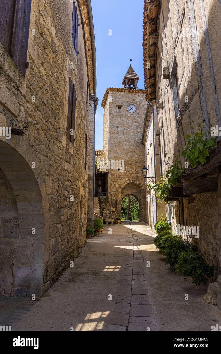 France, Gers, Fources, labelled Les Plus Beaux Villages de France (The Most Beautiful Villages of France), the clock tower Stock Photo