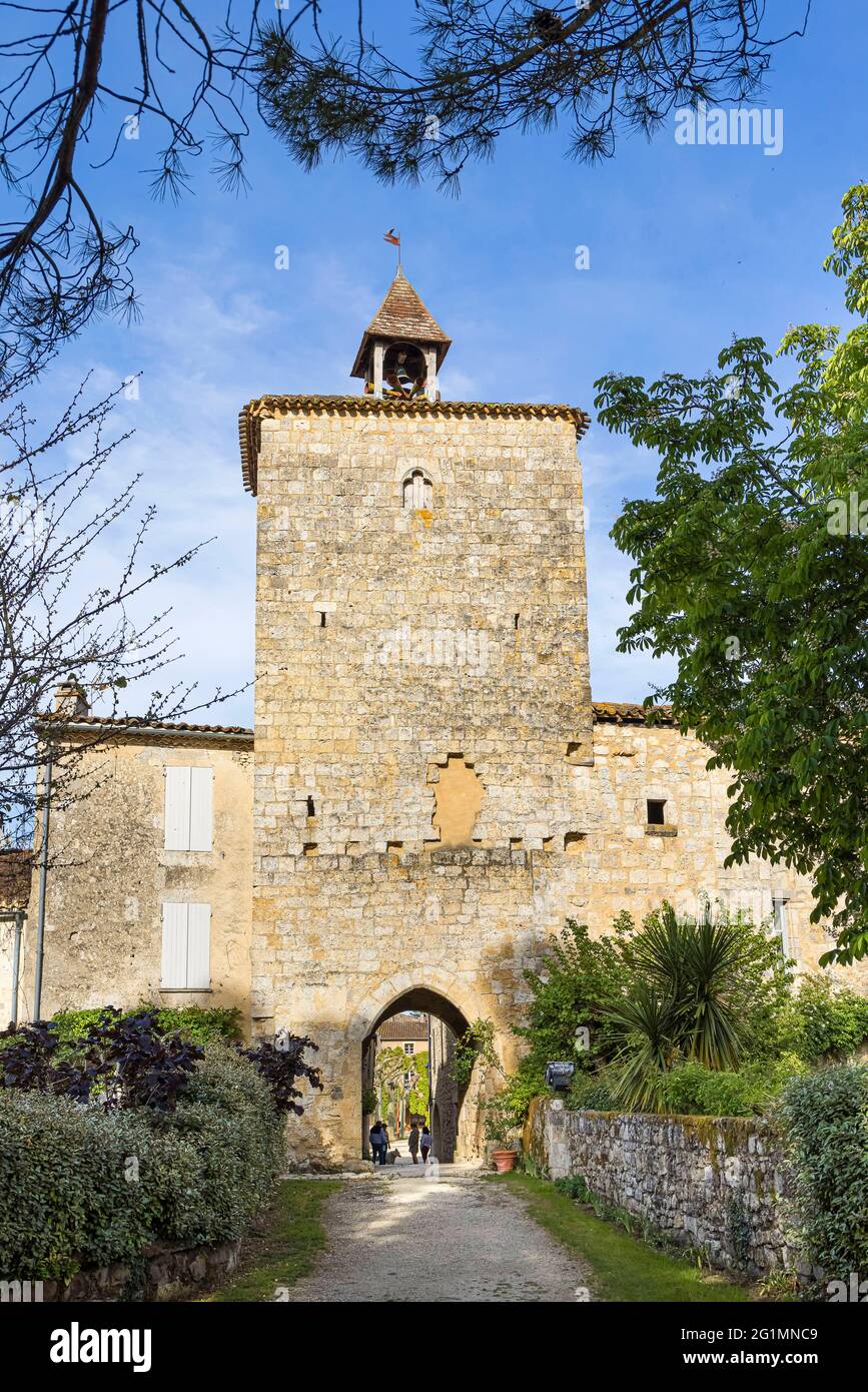 France, Gers, Fources, labelled Les Plus Beaux Villages de France (The Most Beautiful Villages of France), the clock tower Stock Photo