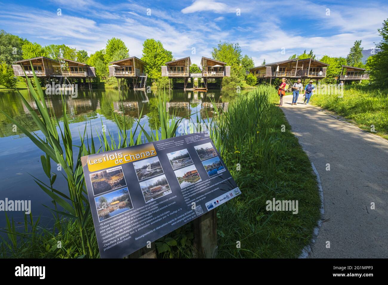France, Savoie, Chanaz, Small Town of Character along the Savieres canal,  the municipal campsite Le Domaine des Iles rents lake chalets on stilts  Stock Photo - Alamy