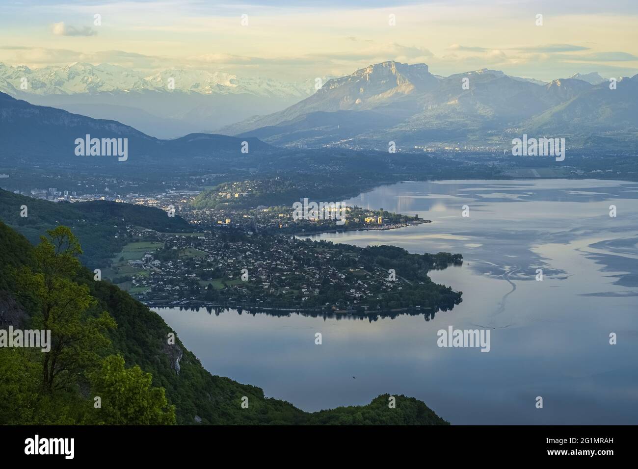 France, Savoie, Aix-les-Bains on the banks of the Bourget Lake, Mont Granier (alt : 1933m) in the Chartreuse massif and the snowy Belledonne massif in the background Stock Photo