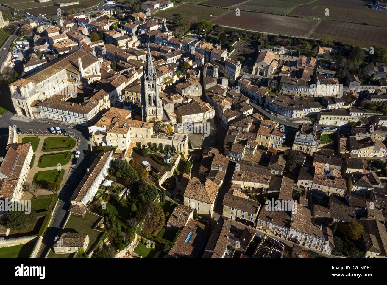 France, Gironde, Saint-�milion, area classified as World Heritage, general view of the medieval city dominated by the monolithic church of the eleventh century entirely dug in the rock (aerial view) Stock Photo