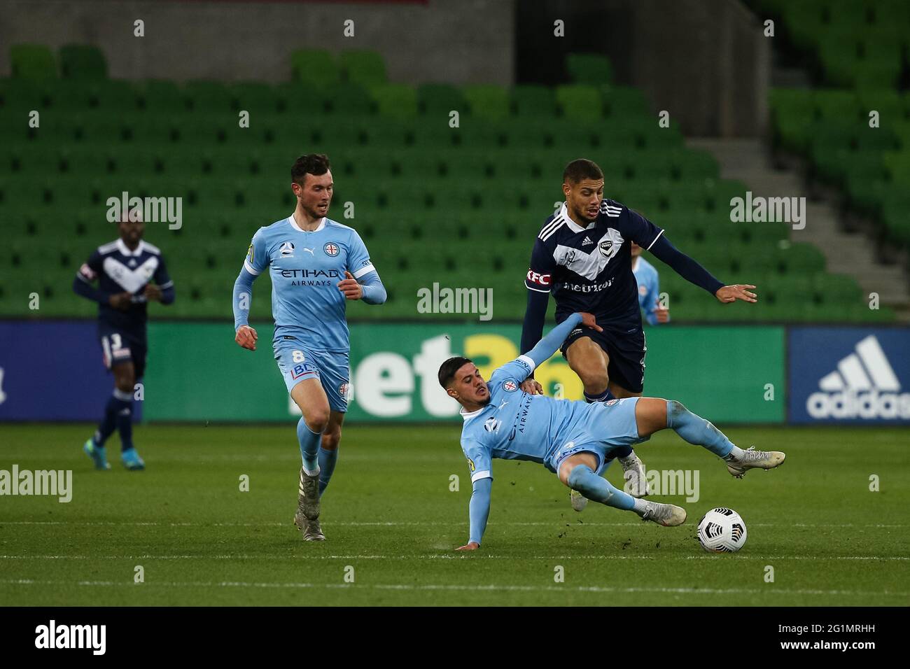Melbourne, Australia, 6 June, 2021. Marco Tilio of Melbourne City trips as he kicks the ball during Round 24 of the Melbourne Victory v Melbourne City FC A-League match, Australia. Credit: Dave Hewison/Alamy Live News Stock Photo