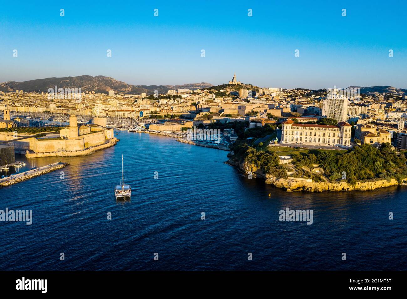 Marseille (south eastern France): aerial view of the city. From left to right, Fort Saint Jean, the Old Harbour and the Pharo Palace. In the backgroun Stock Photo