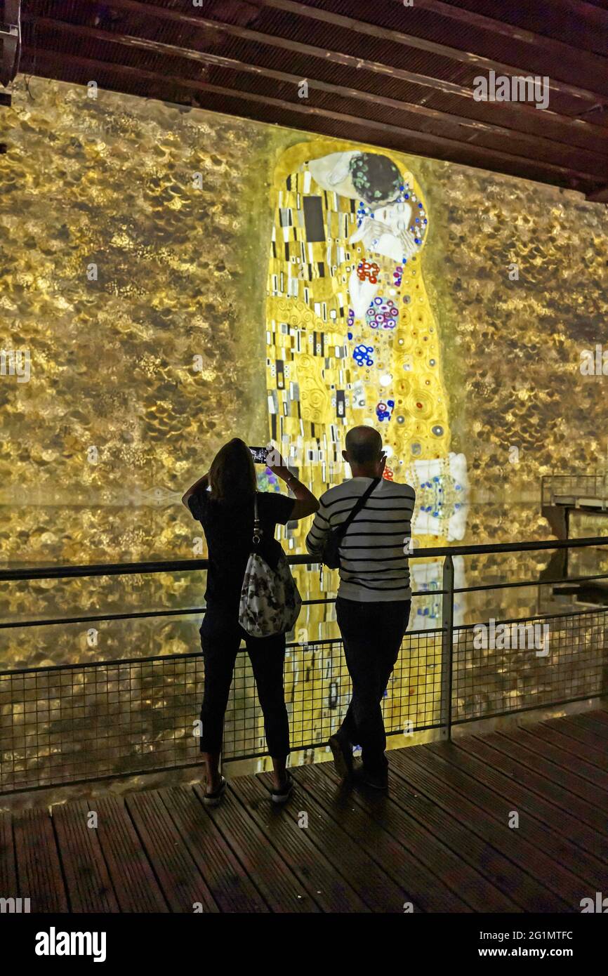 France, Gironde, Bordeaux, area classified as World Heritage, Basin afloat, submarine base, exhibition Basins of Lights dedicated to Gustav Klimt Stock Photo